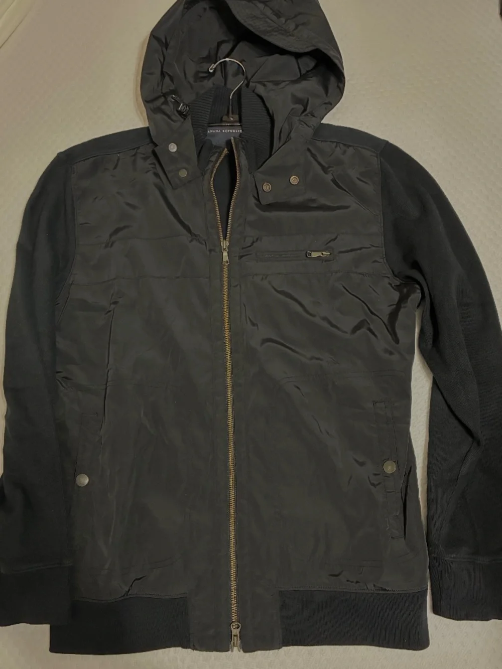 BANANA REPUBLIC MENS WINTER JACKET HOODIE BLACK FULL ZIP POCKETS SNAP SZ L KNIT